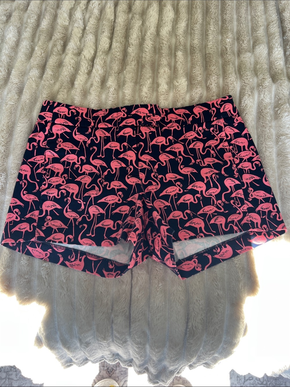 J. Crew Factory Navy Shorts with Bright Pink Flamingo Print